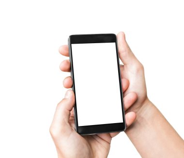 Erkek eli boş ekran, beyaz bir arka plan üzerinde izole ile mobil akıllı telefon tutarak.