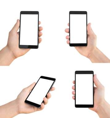 Modern smartphone beyaz arka plan üzerinde izole tutan adamın el