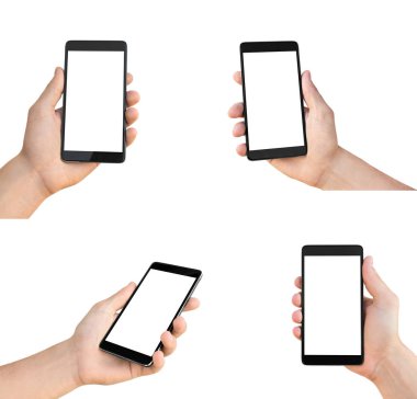Modern smartphone beyaz arka plan üzerinde izole tutan adamın el