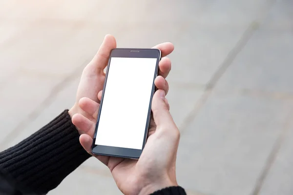 Man Uses His Mobile Phone Outdoor Man Hands Holding Smart — Stock Photo, Image