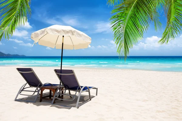 Strandstoelen met paraplu en zandstrand — Stockfoto