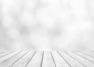 Bulanık mağaza üzerinde Perspektif boş ahşap masa 
