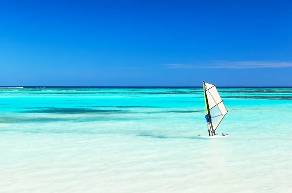 Planche à voile dans la mer avec un fond bleu ciel . — Photo