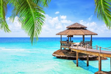 Mavi bulutlu gökyüzünün altında, Koh Kood, Tayland 'da hindistan cevizi palmiyesi yapraklarıyla dolu bir deniz. Tatiller ve turizm konsepti. Tropik Tatil Köyü.