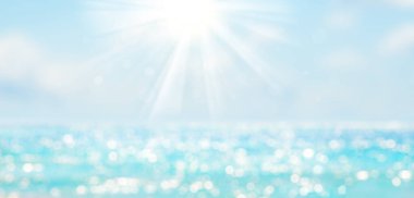 Bulanık mavi gökyüzü ve deniz manzarası. Bokeh ışığıyla. Tropik yaz manzarası. Yaz tatili kavramı.