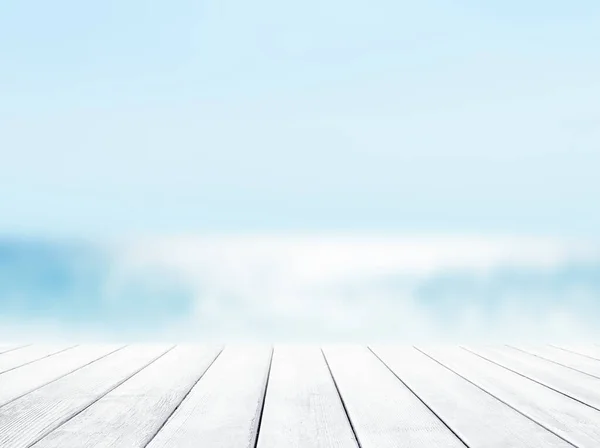 Wooden Table Top Blue Sea White Sand Beach Background Vacation — Stock Photo, Image