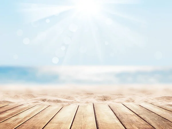 Holztischplatte Auf Blauem Meer Und Weißem Sandstrand Hintergrund Urlaub Urlaub — Stockfoto