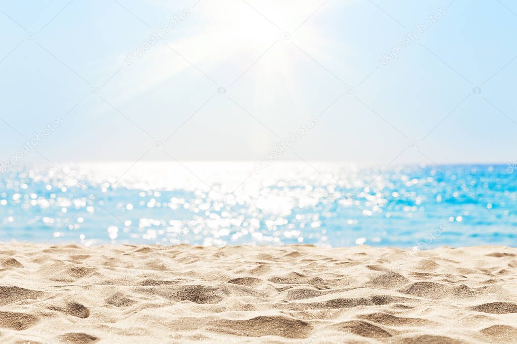 Blurred blue sky and sea with bokeh light. Landscape of tropical summer. Summer vacation concept.
