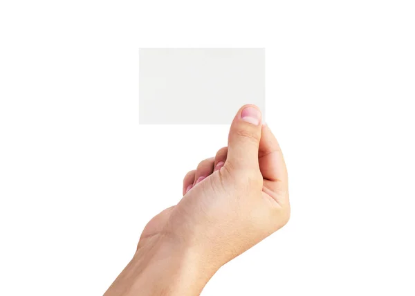 Ανδρικό Χέρι Κρατώντας Λευκή Επαγγελματική Κάρτα Πιστωτική Κάρτα Λευκό Φόντο — Φωτογραφία Αρχείου