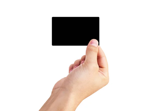 Άνδρας Χέρι Κρατώντας Μαύρη Επαγγελματική Κάρτα Απομονώνονται Λευκό Φόντο Χέρι — Φωτογραφία Αρχείου