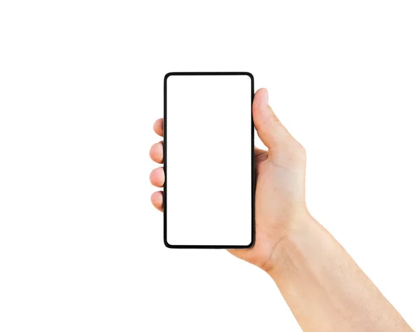 Ręka Człowieka Trzymając Czarny Nowoczesny Smartfon Odizolowany Białym Tle Ścieżką — Zdjęcie stockowe