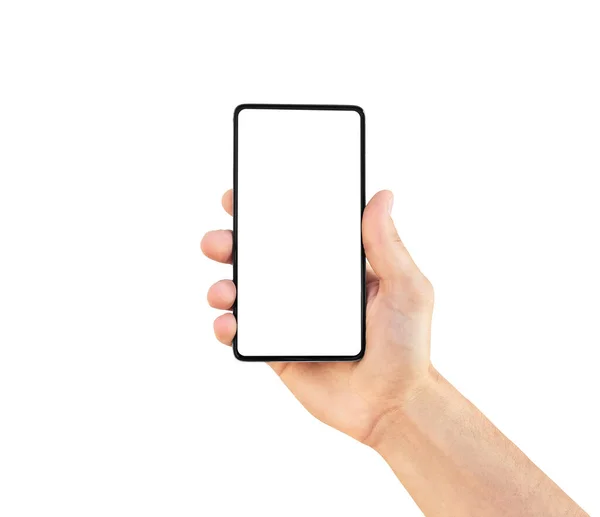 Hand Van Mens Houdt Zwarte Moderne Smartphone Geïsoleerd Een Witte — Stockfoto