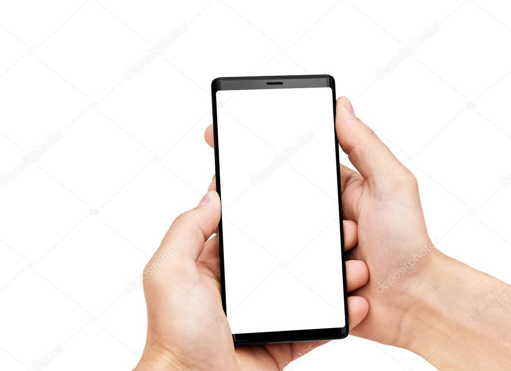 Close up of man's hands holding mobile smart phone with blank copy space screen, isolated on white background. Image of man using his mobile phone.