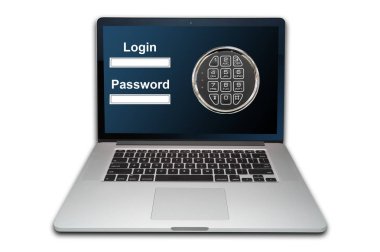 Beyaz arkaplanda şifreli kilit bulunan internet güvenlik konsepti dizüstü bilgisayarı