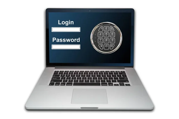 Cloud Computing Internet Security Concept Laptop Combination Lock Isolated White — Stock Photo, Image