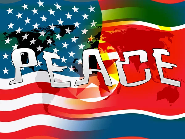 米国北朝鮮平和の旗を振って イラストレーション 穏やかな愛とアメリカと北朝鮮協力協議の間希望 — ストック写真