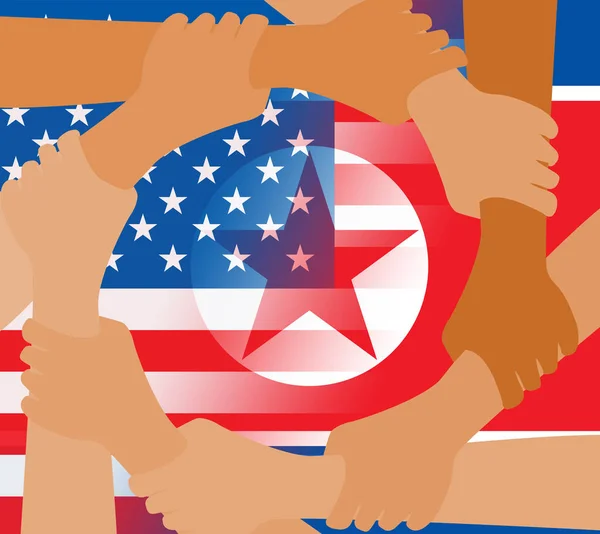 米国北朝鮮平和手フラグ イラストレーション 平和自由と非核化ロケット人間危機協議と合意 — ストック写真