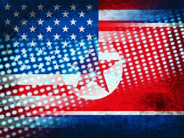 Kuzey Kore ve ABD anlaşma bayrak 3d çizim. Risk veya barış ve Pyongyang ve Amerika arasındaki ticaret gösterir