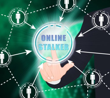 Online Stalker kötü yüzü olmayan zorba 2d çizimde gösterilmektedir Cyberattack veya şüpheli bir casusluk yabancı tarafından Cyberbullying