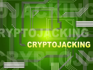 Cryptojacking kripto saldırı dijital Hijack 2d çizimde gösterilmektedir Blockchain para birimi itme veya Bitcoin kesmek