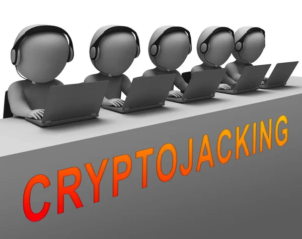 Cryptojacking 暗号攻撃デジタル ハイジャック レンダリングを示しています Blockchain 通貨のジャッキまたは Bitcoin ハッキング — ストック写真