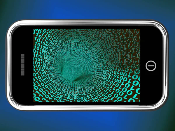 Ascii Code Mobile Phone Rendering Shows Smartphone Binary Tunnel Data — Stock Photo, Image