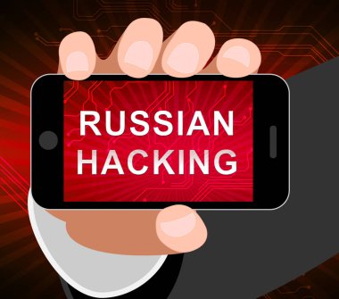 Telefon Hacker Web casusluk uyarı 3d Rus Internet Server ihlali gösterilmiştir. Rus bilgisayar korsanlarına karşı Amerikan cep telefonu veya akıllı telefonlar Cybersecurity koruma.