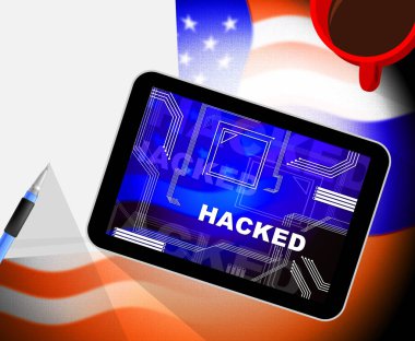 Ekran Cyber veri ihlali hacking 3d Web Tablet üzerinde casusluk güvenlik uyarısının gösterilmiştir. Ruslar Hacker saldırılarına karşı koruma. 