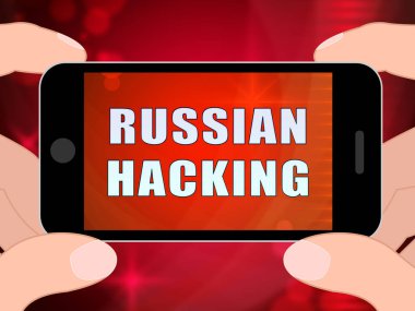 Telefon Hacker Web casusluk uyarı 3d Rus Internet Server ihlali gösterilmiştir. Rus bilgisayar korsanlarına karşı Amerikan cep telefonu veya akıllı telefonlar Cybersecurity koruma.