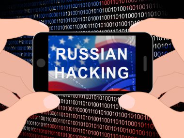 Telefon Hacker Web casusluk uyarı 3d Rus Internet Server ihlali gösterilmiştir. Rus bilgisayar korsanlarına karşı Amerikan cep telefonu veya akıllı telefonlar Cybersecurity koruma.