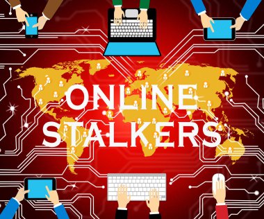 Online Stalker kötü yüzü olmayan zorba 2d çizimde gösterilmektedir Cyberattack veya şüpheli bir casusluk yabancı tarafından Cyberbullying