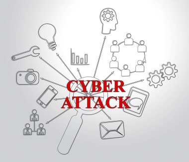 Cyberattack kötü amaçlı Cyber kesmek saldırı 2d gösterilmiştir Internet Spyware Hacker uyarısı sanal virüs karşı