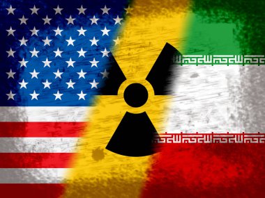 İran Nükleer Anlaşma Bayrakları - Pazarlık ya da Usa ile Müzakereler. Birleşik Devletler Antlaşma İlişkileri veya Tehdit - 2D İllüstrasyon