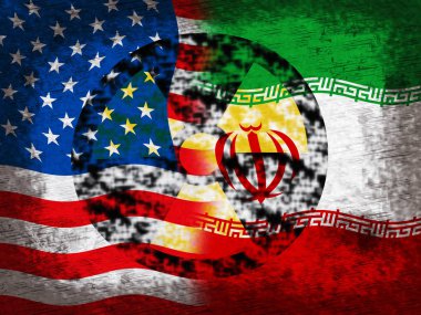 İran Nükleer Anlaşma Müzakeresi veya Usa Bayraklarıyla Müzakereler. Birleşik Devletler Antlaşma İlişkileri veya Tehdit - 2D İllüstrasyon
