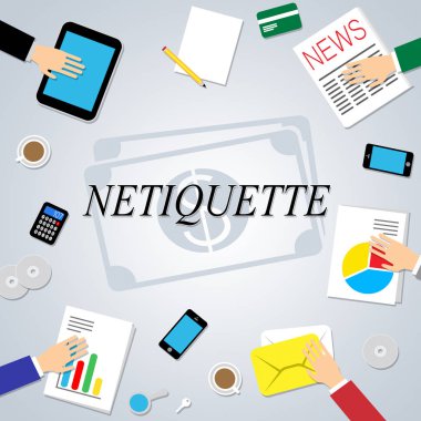 Netiquette Kibar Çevrimiçi Davranış veya Web Görgüsü. Şebeke ve Teknolojide Medeniyet Protokolü - 2D İllüstrasyon