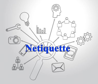 Netiquette Kibar Çevrimiçi Davranış veya Web Görgüsü. Şebeke ve Teknolojide Medeniyet Protokolü - 2D İllüstrasyon