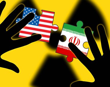 İran Nükleer Anlaşma Müzakeresi veya Usa Bayraklarıyla Müzakereler. Birleşik Devletler Antlaşma İlişkileri veya Tehdit - 2D İllüstrasyon
