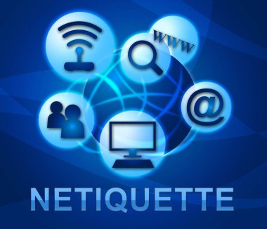 Netiquette Kibar Çevrimiçi Davranış veya Web Görgüsü. Şebeke ve Teknolojide Medeniyet Protokolü - 2D İllüstrasyon