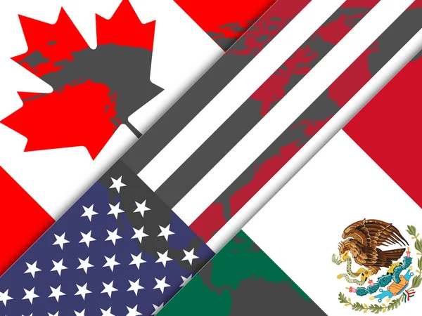 Trump Nafta Flags - Negotiation Deal With Canada And Mexico. Treaty Or Agreement For Border Economics - 2d Illustration