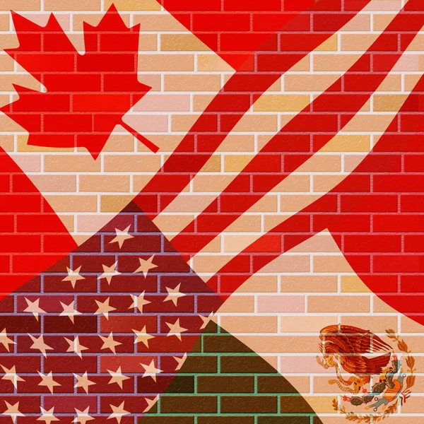 Trump Nafta Flags 与加拿大和墨西哥的谈判交易 边界经济条约或协定 2D说明 — 图库照片