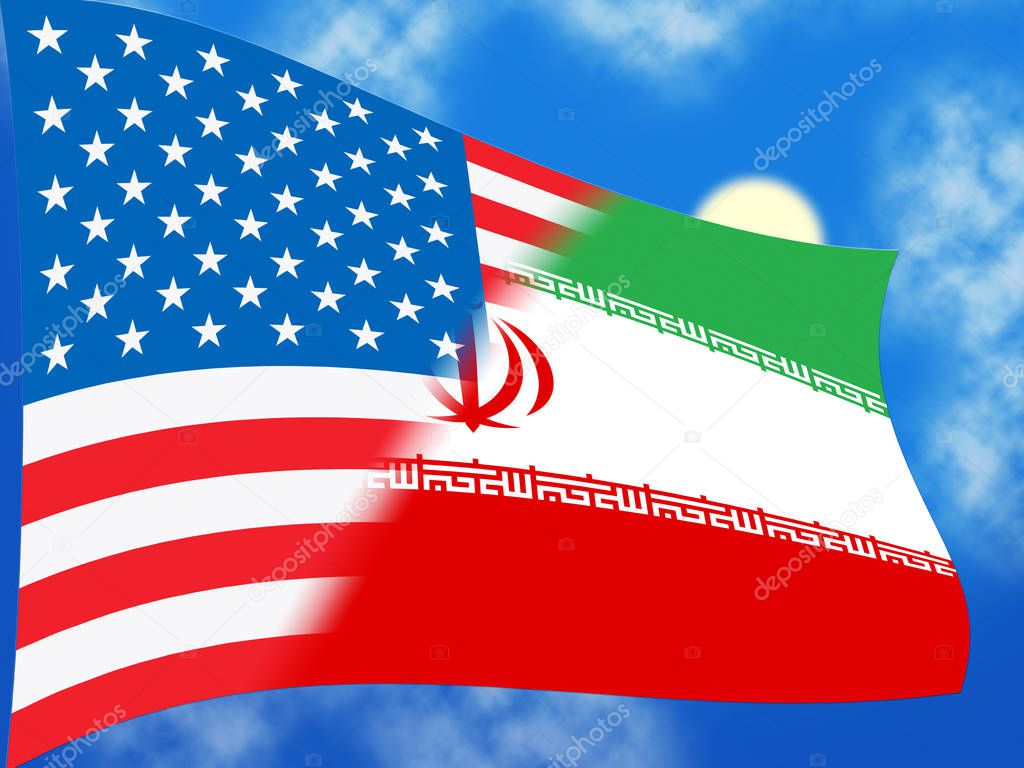 Us Iran Conflict And Sanctions Or Agreement Flags. Trade Deals And Crisis Or Tension - 2d Illustration