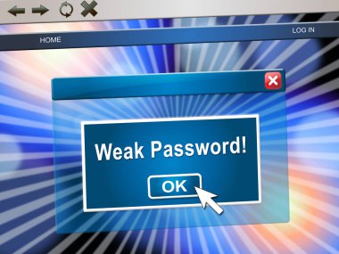 Zayıf parola Web sayfası Online Güvenlik Açığı ve Internet tehdit gösterir. Cybersecurity ihlali - 3d çizim riski