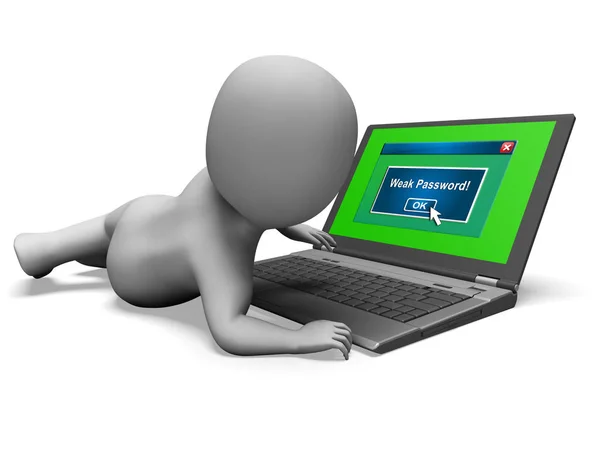 Weak Password Laptop Shows Online Vulnerability Internet Threat Risk Cybersecurity — Stock Photo, Image
