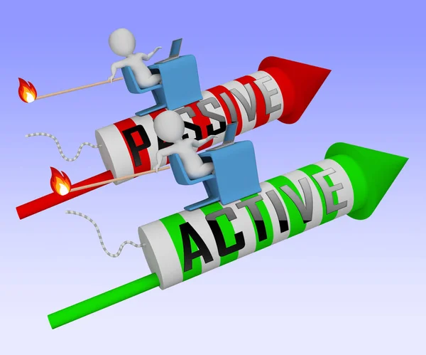 Aktív Vs passzív rakéták mutat pozitív hozzáállás 3D-s illusztráció — Stock Fotó