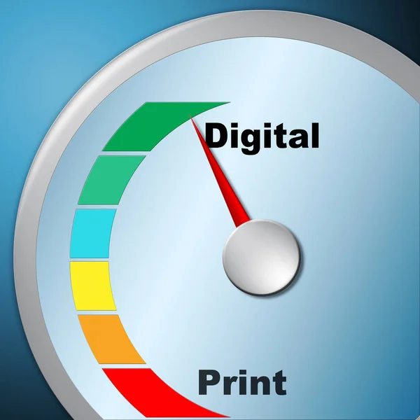 Print Vs Digital Gauge Showing Published Brochure Versus Digital — Stock Photo, Image