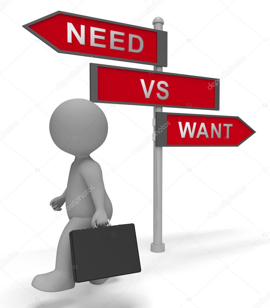 Want Vs Need Priorities Signpost Depicting Importance Of Necessi