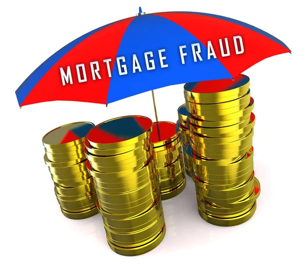Moedas de fraude hipotecária Representa golpe de empréstimo de propriedade ou refinanciamento — Fotografia de Stock