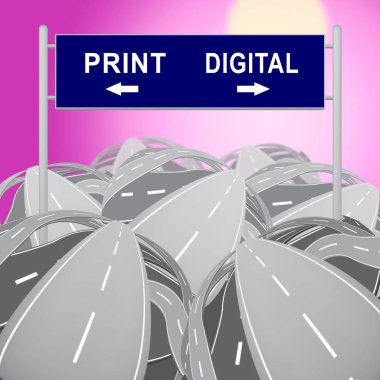 Baskı vs dijital Işareti gösteren yayınlanan broşür VERSUS dijital 