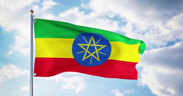 在风中飘扬的埃塞俄比亚国旗体现了埃塞俄比亚爱国主义的象征 带有全国爱国标志的旗杆 — 图库视频影像
