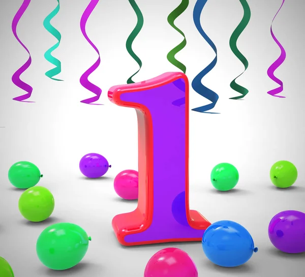 Pierwszy urodziny uroczystości balony pokazuje szczęśliwy wydarzenie-3D chory — Zdjęcie stockowe